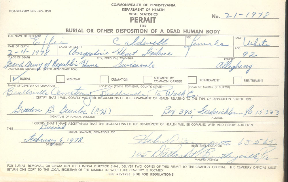 Effie Caldwell burial permit